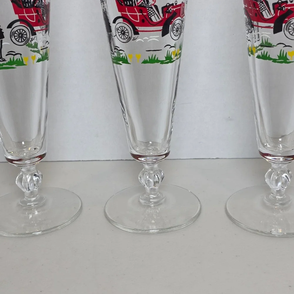 VTG Buick Model C 1905 Pilsner Glasses Red Rim Stemmed Set of 3‎ Barware Retro